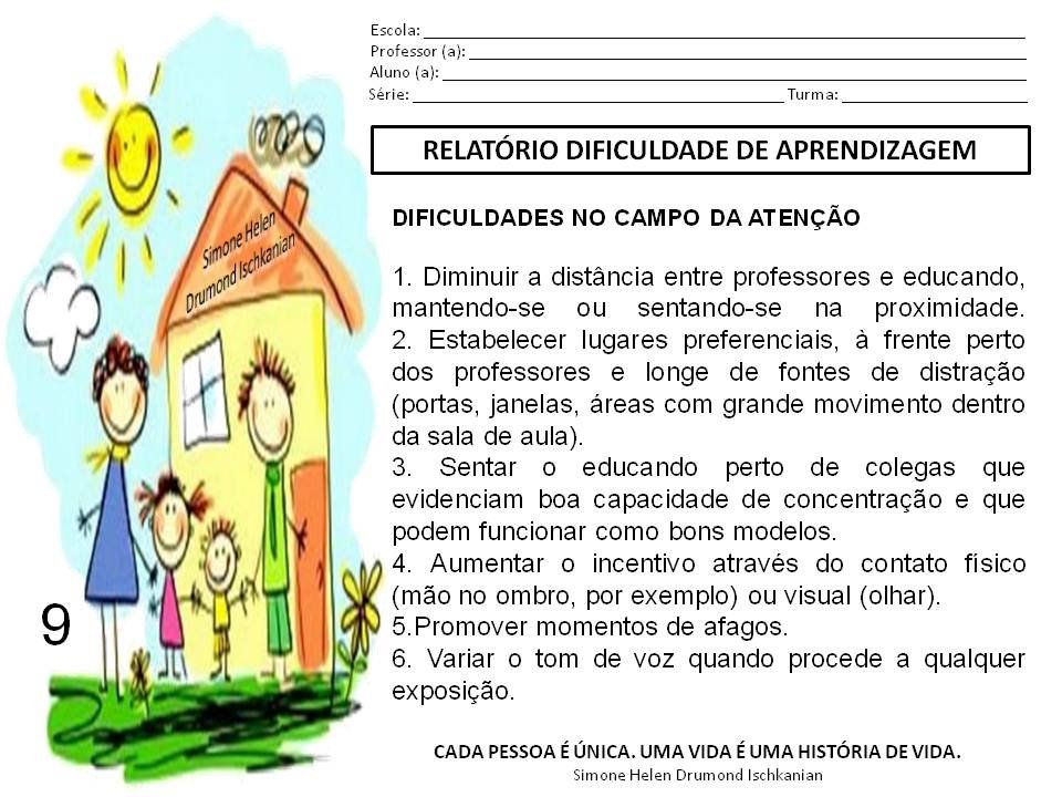 Modelo de Relatório dificuldade de aprendizagem - Parecer Descritivo 