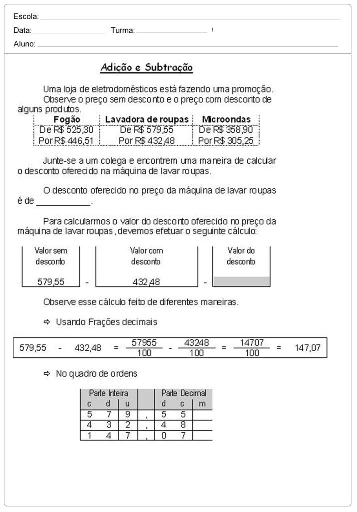 Atividades com Números Decimais para imprimir e baixar em PDF