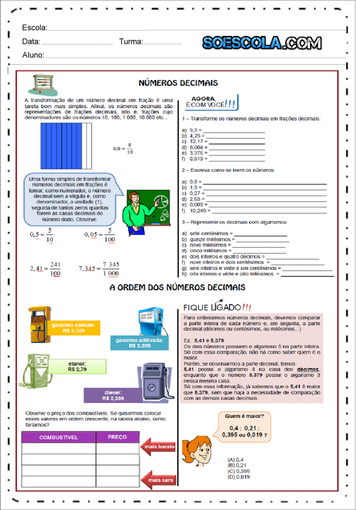 Atividades com Números Decimais para imprimir e baixar em PDF