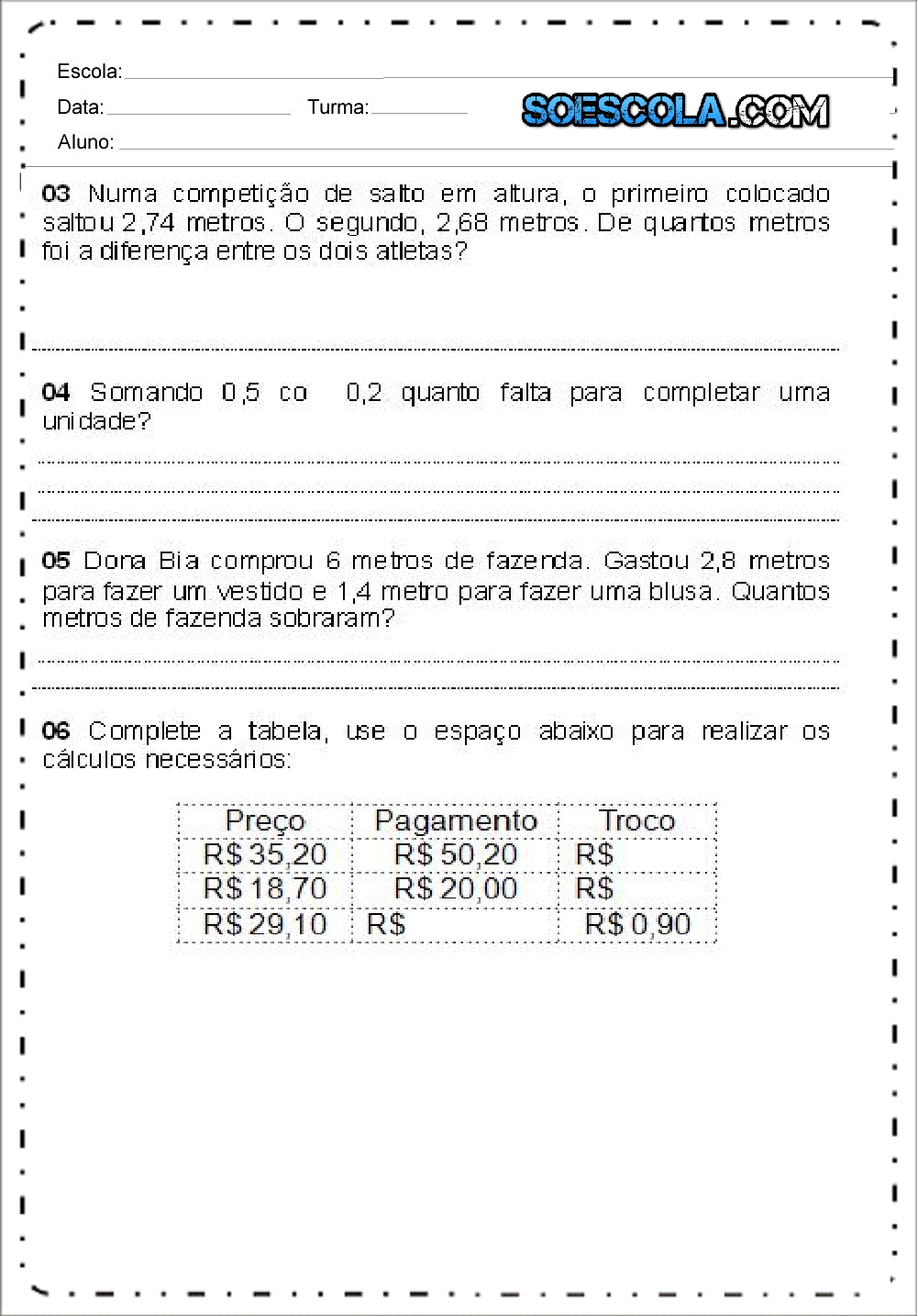 Atividades com Números Decimais para imprimir e baixar em PDF