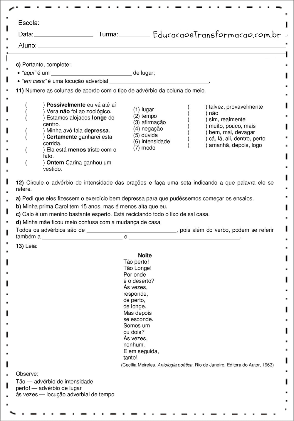 Atividades de Português 7 ano - Ortografia - Gramática - Interpretação