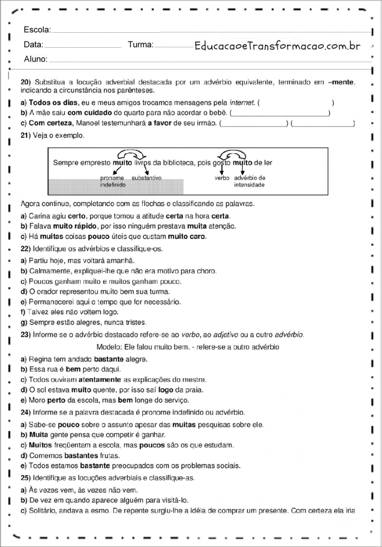 Atividades de Português 7 ano sobre Advérbios - Para imprimir ...