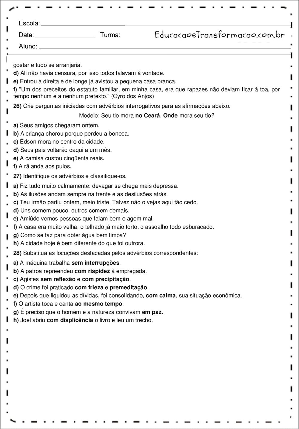 Atividades de Português 7 ano - Ortografia - Gramática - Interpretação