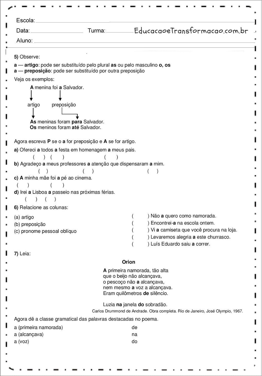 Atividades de Português 7 ano - Ortografia - Gramática - Interpretação