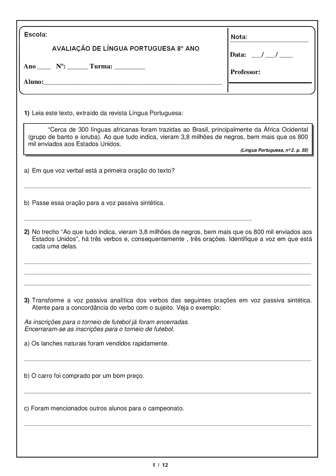 Atividades de Português 8 ano - Interpretação - Gramática - Ortografia