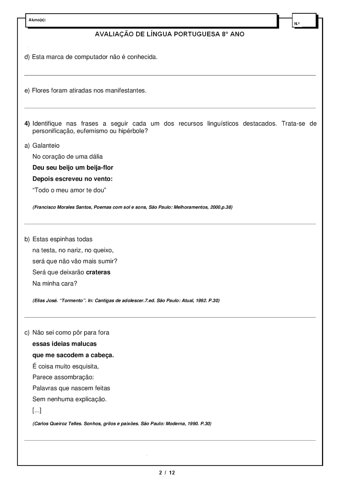 Atividades de Português 8 ano - Interpretação - Gramática - Ortografia