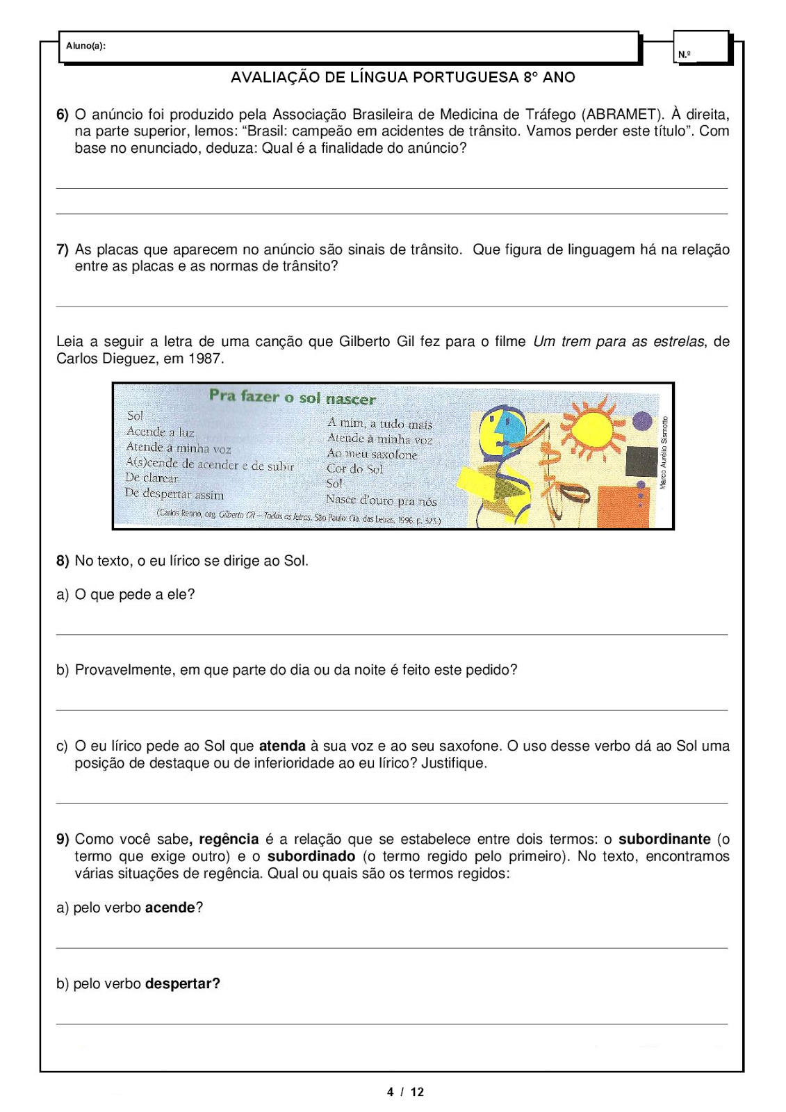 Atividades de Português 8 ano - Interpretação - Gramática - Ortografia