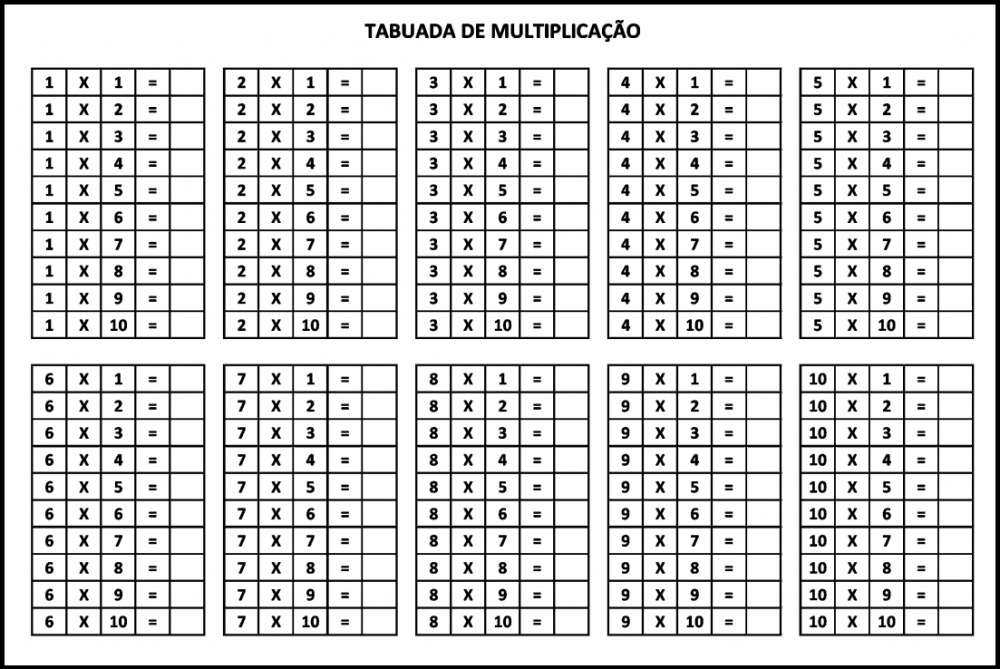 Tabuada de multiplicação do 1 ao 10 para imprimir e completar - Psicologia,  Psicanálise, Psicologia Comunitária