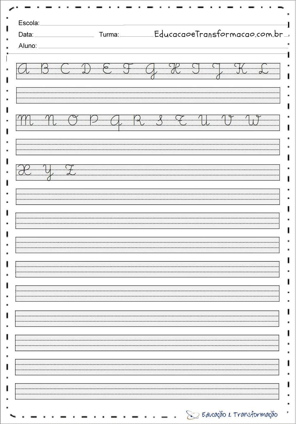 Ficha do Alfabeto Maiúsculo e Minúsculo com letras cursivas e bastão