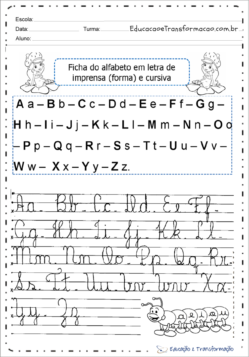 Ficha do Alfabeto Maiúsculo e Minúsculo com letras cursivas e bastão