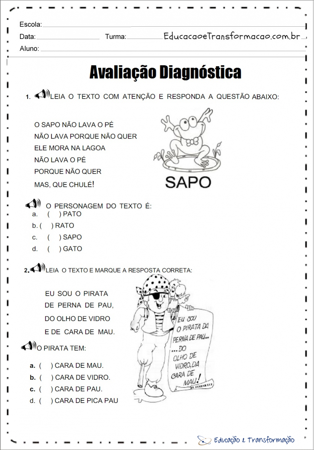 Avaliação diagnóstica 1 ano de português e matemática - Sondagem inicial