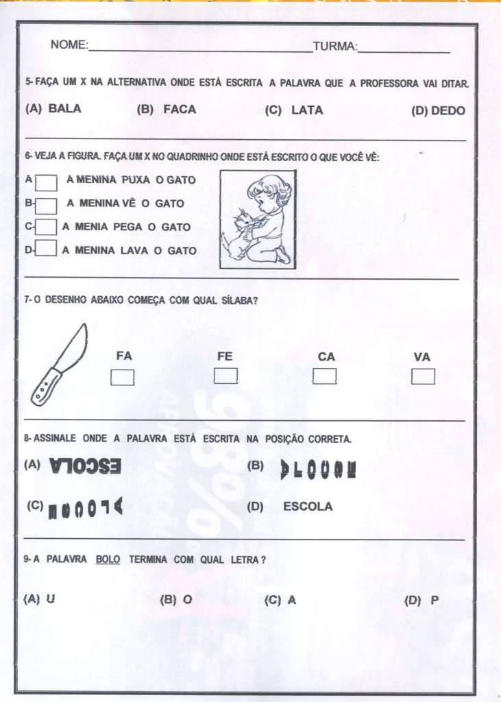 AvaliaÃ§Ã£o diagnÃ³stica 1 ano de PortuguÃªs e MatemÃ¡tica