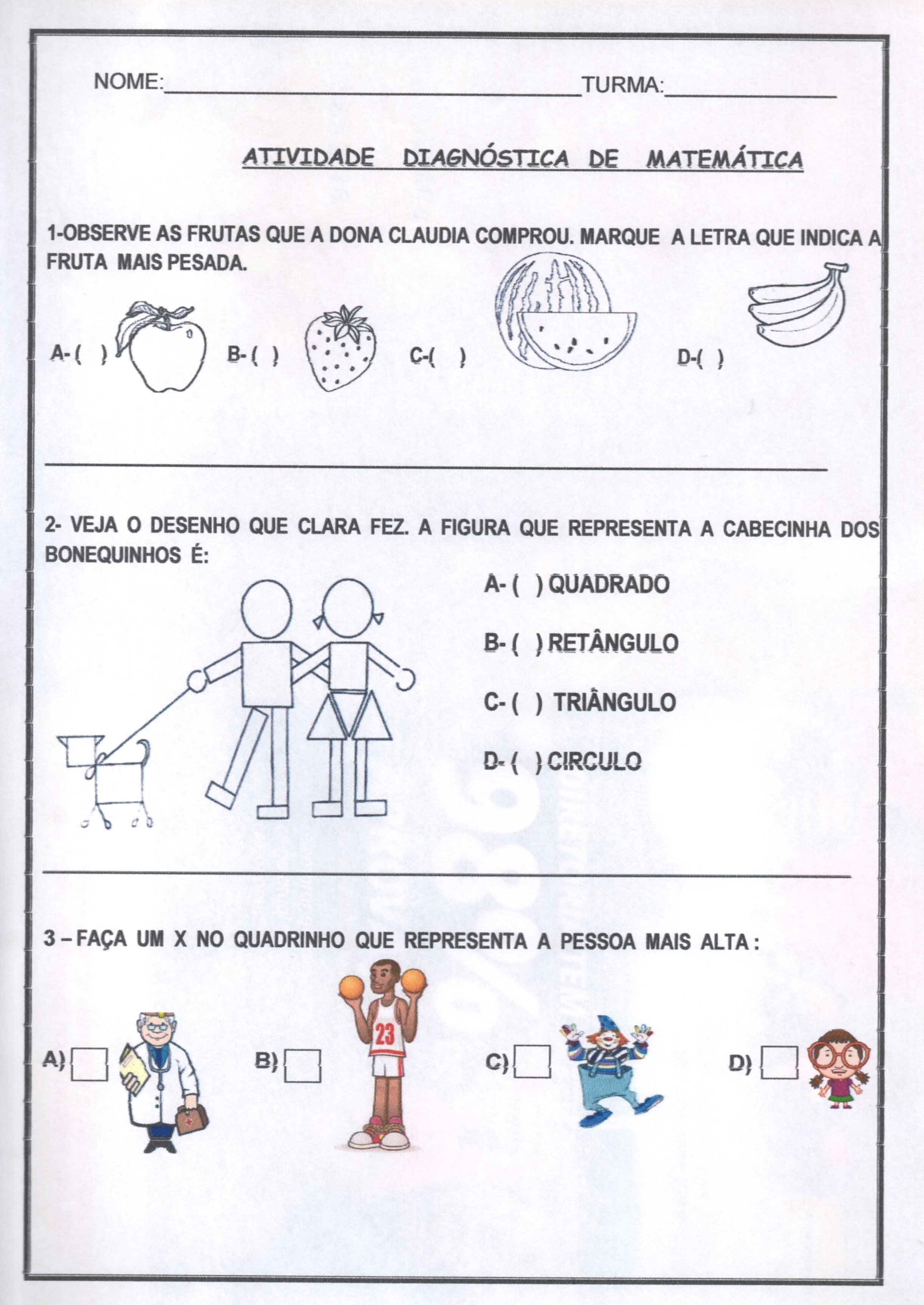 Avaliação diagnóstica 1 ano de Português e Matemática