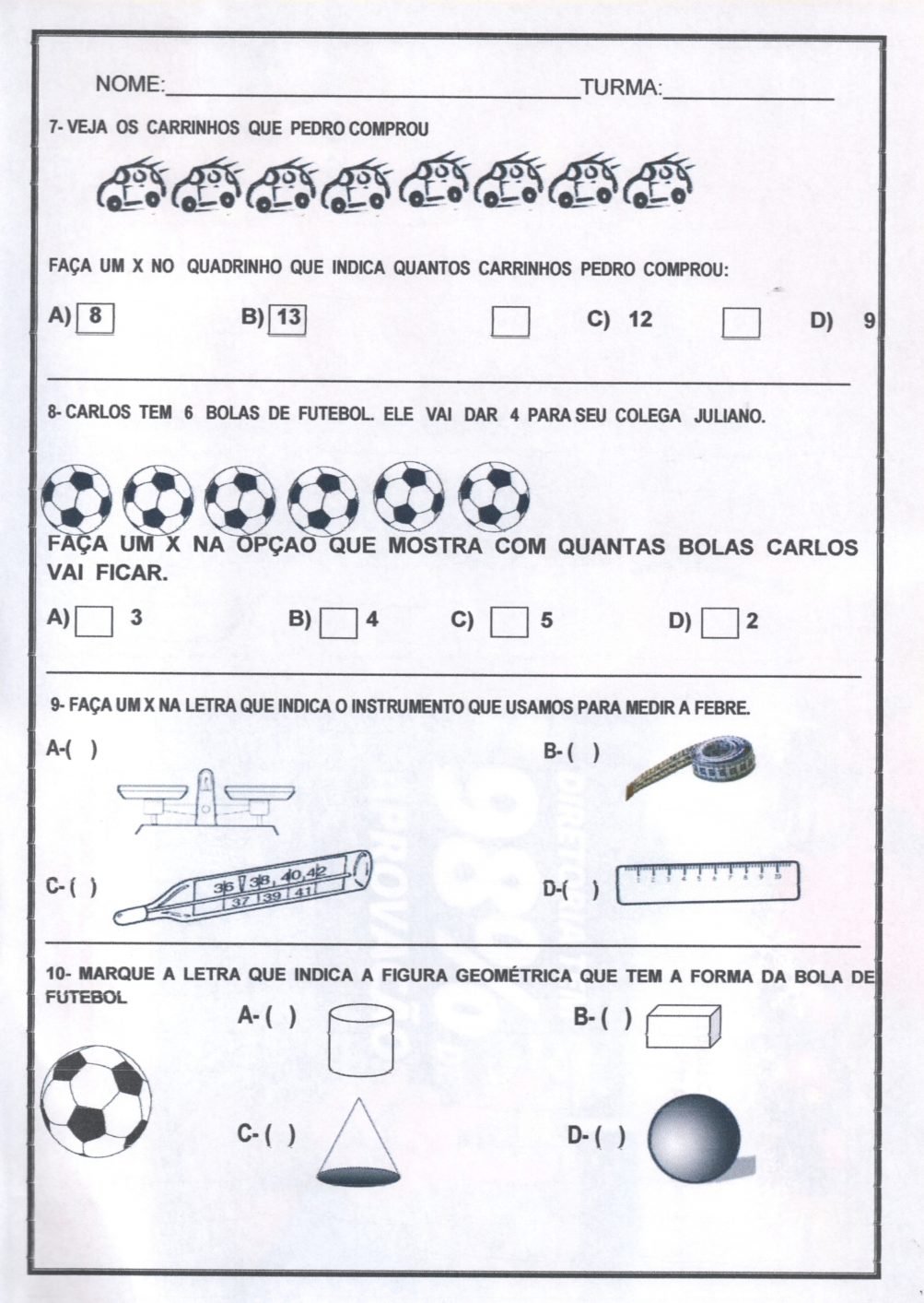 Avaliação diagnóstica 1º ano de Matemática para imprimir – Educação e ...