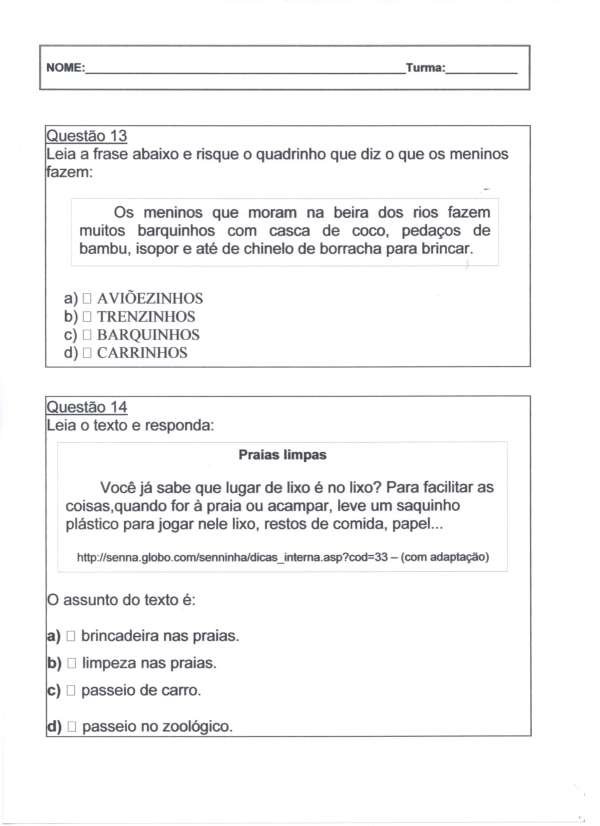 Avaliação Diagnóstica 2 ano de Português e Matemática