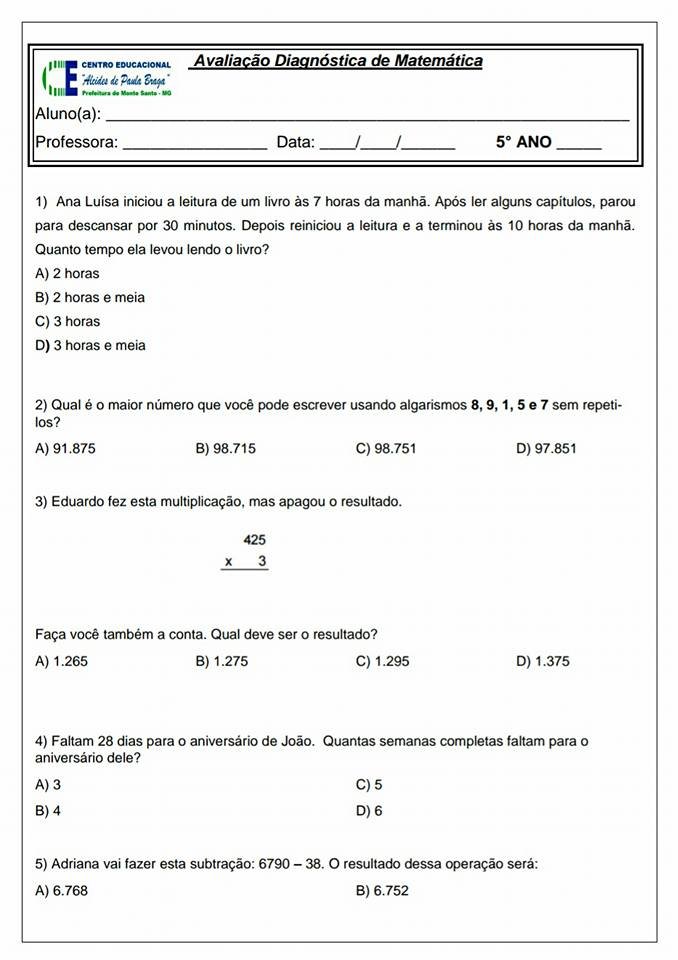 Avaliação Diagnóstica 5 ano de Português e Matemática