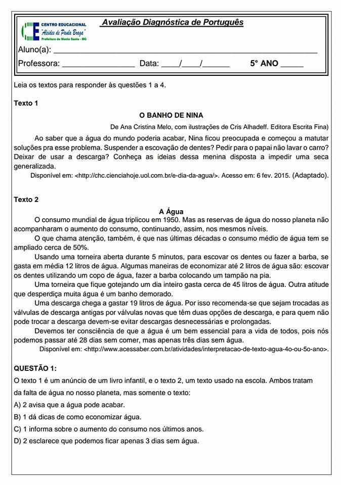 Avaliação Diagnóstica 5 ano de Português e Matemática