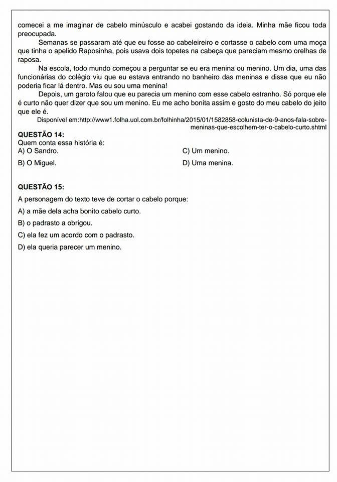 Avaliação Diagnóstica 5 ano de Português e Matemática