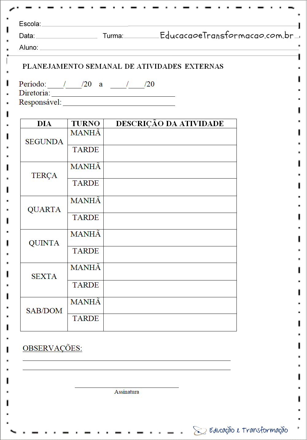 Modelo de Planejamento Semanal Escolar para imprimir