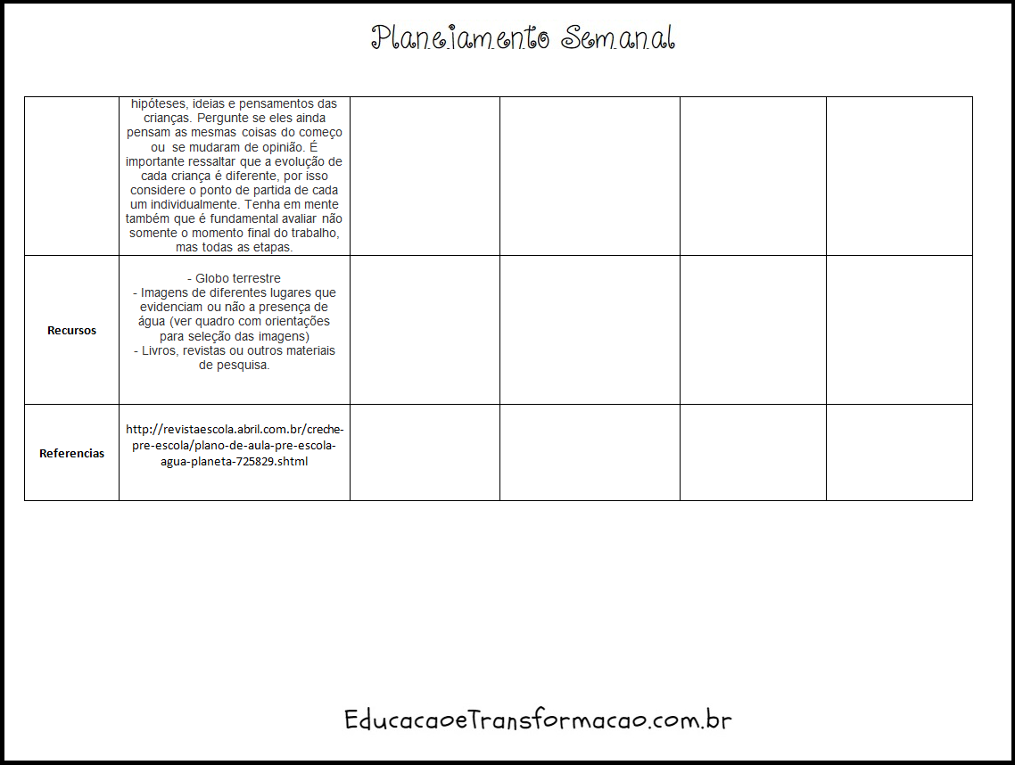 Modelo de Planejamento Semanal Escolar para imprimir