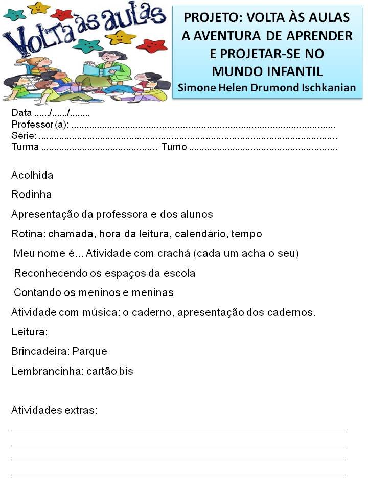 Projeto volta às aulas educação infantil