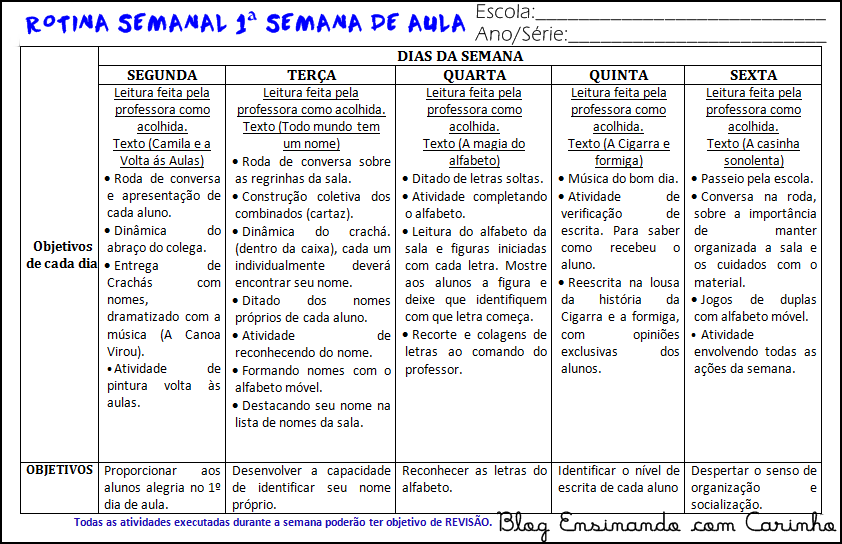 Rotina para primeira semana de aula