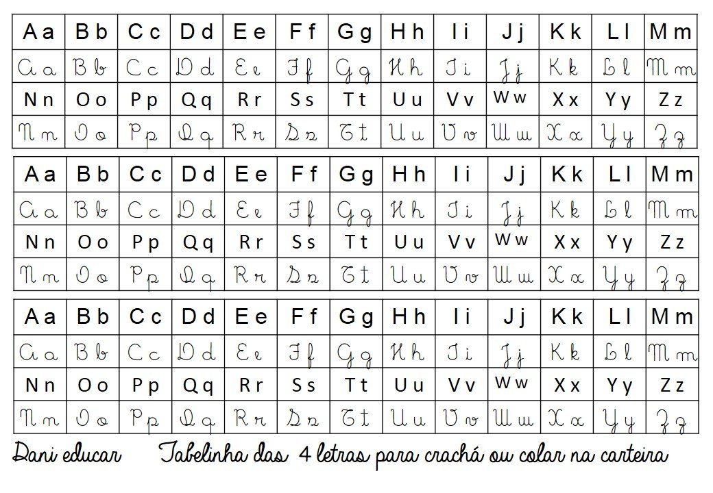 Ficha do Alfabeto Maiúsculo e Minúsculo com letras cursivas