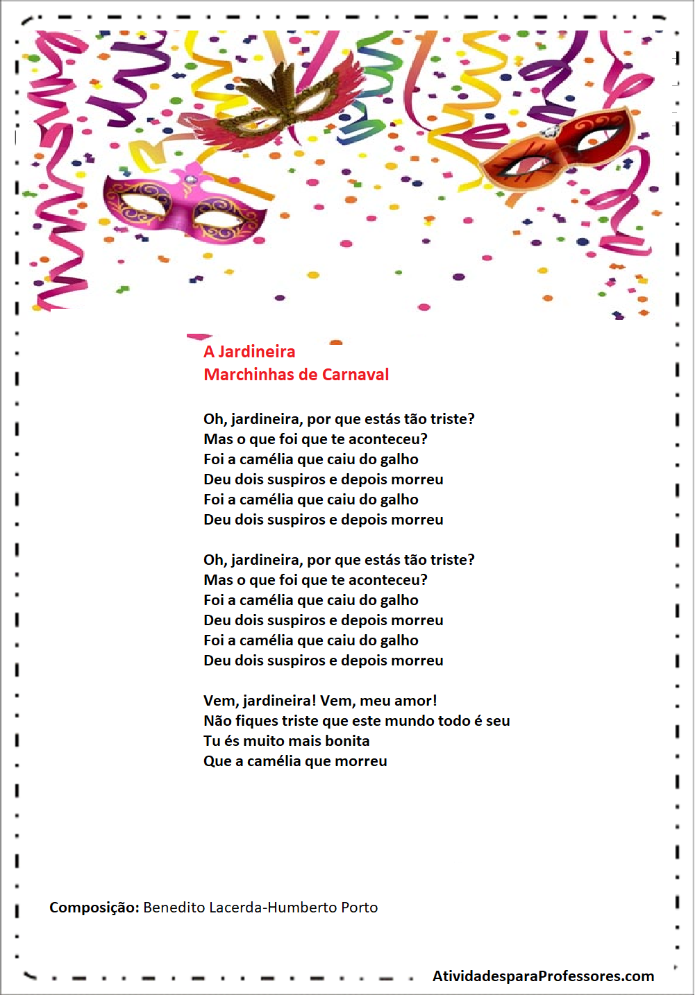 Atividades de Carnaval 1 ano para imprimir e colorir