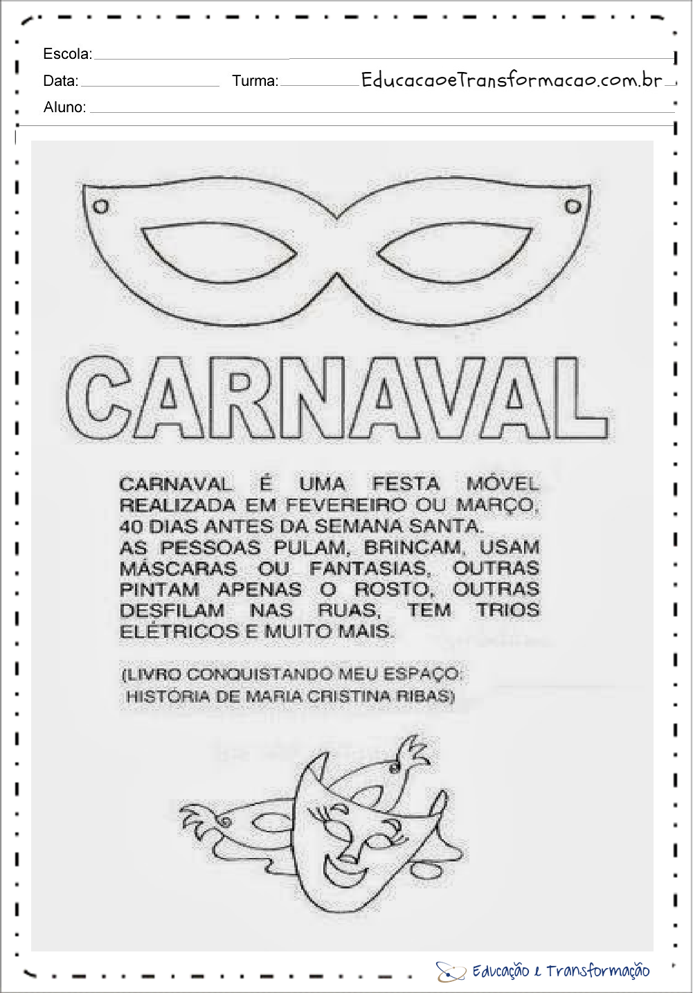 Atividades de Carnaval 1 ano para imprimir e colorir