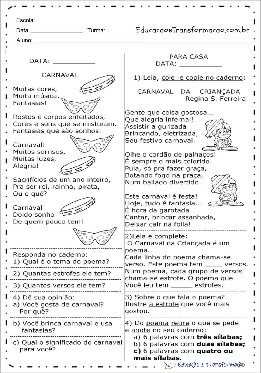 Atividades de Carnaval 3 ano