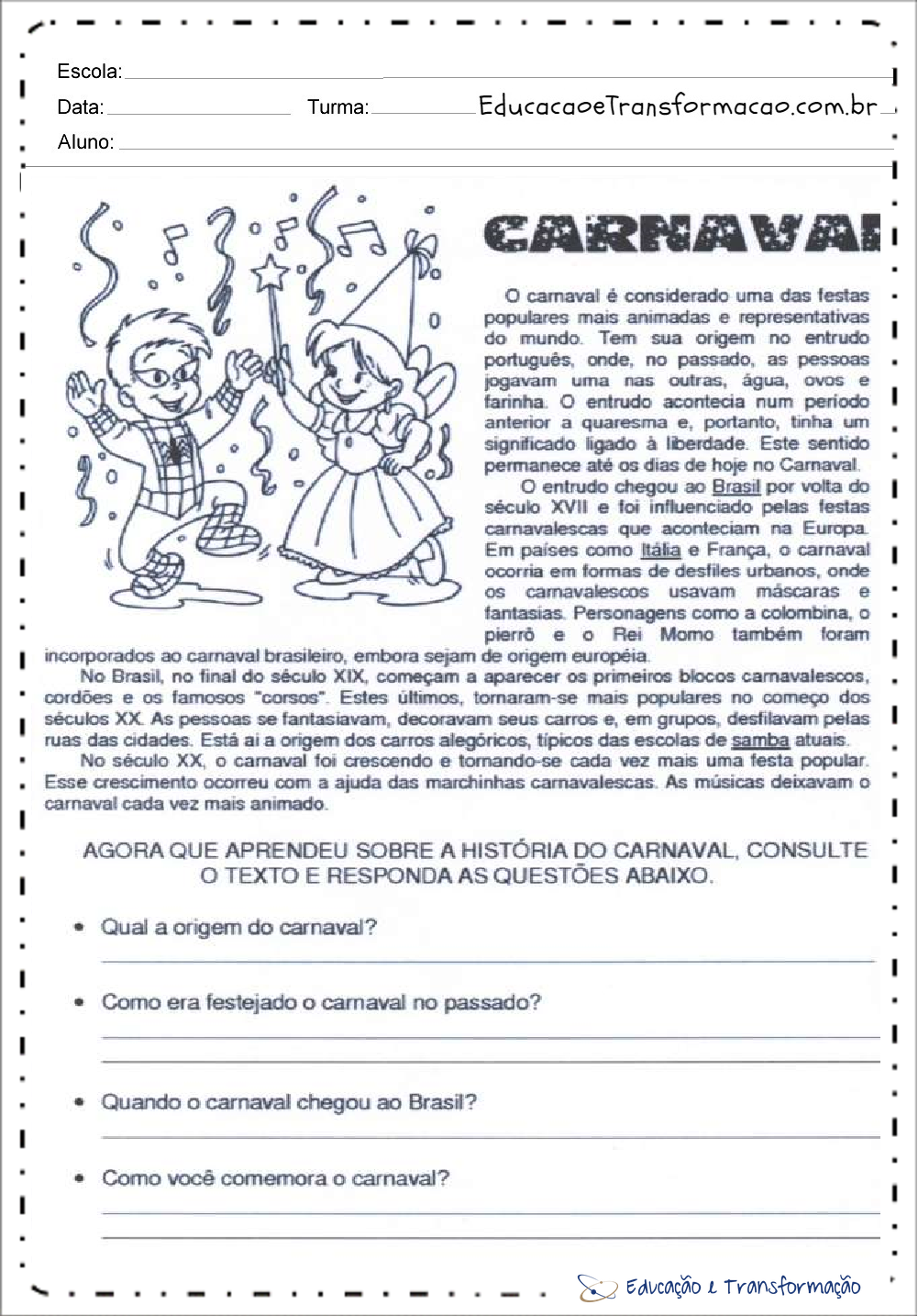 Atividades de Interpretação de Texto Carnaval