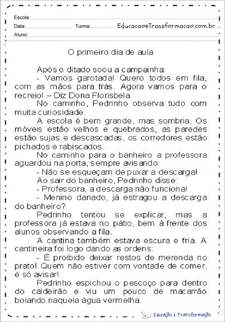 Atividades de Interpretação de texto volta às aulas para series iniciais