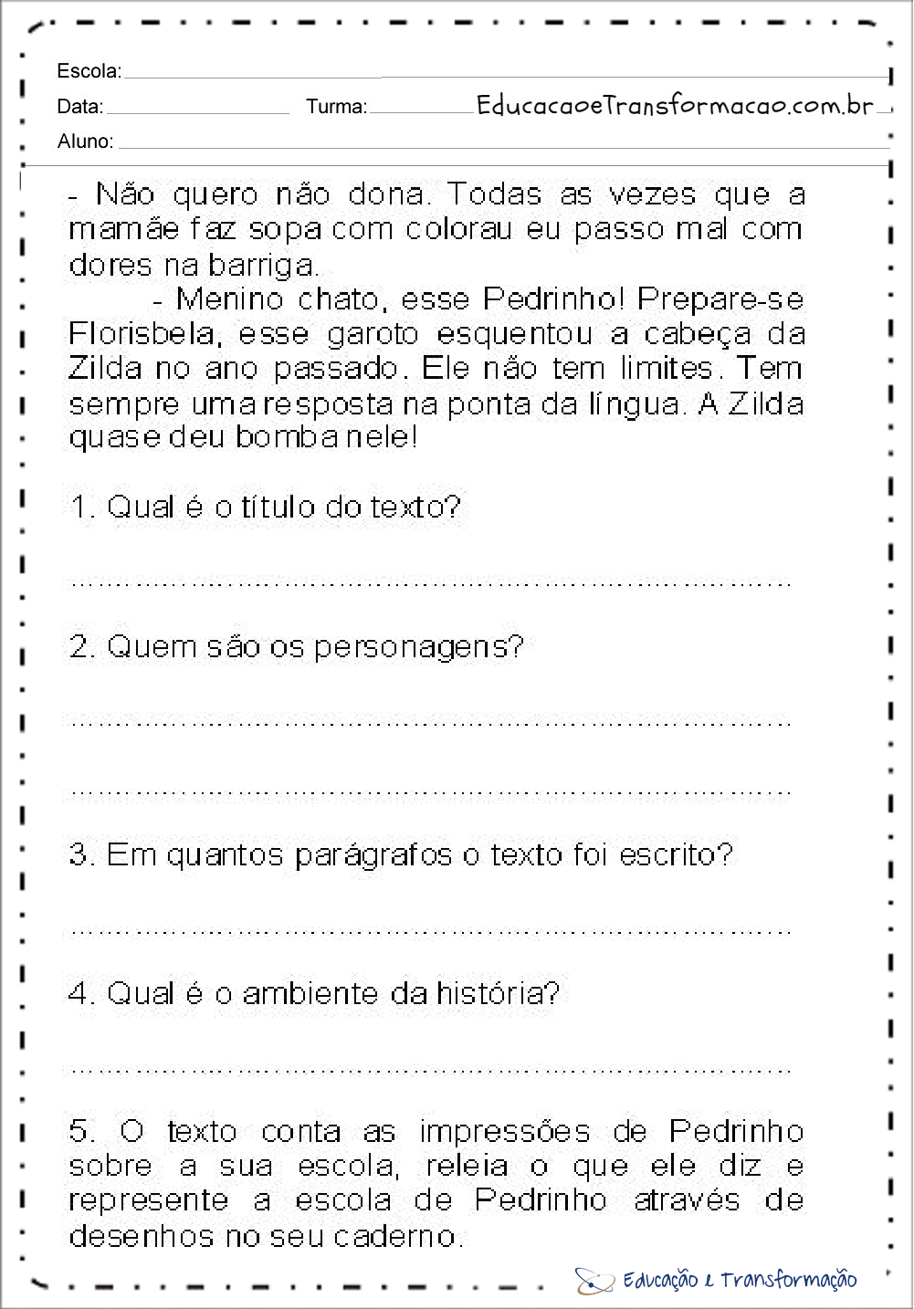 Atividades de Interpretação de texto volta às aulas para imprimir