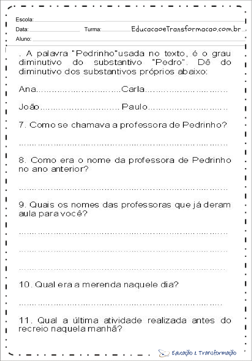 Atividades de Interpretação de texto volta às aulas para imprimir