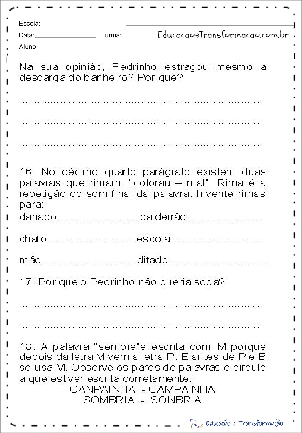 Atividades de Interpretação de texto volta às aulas para imprimir