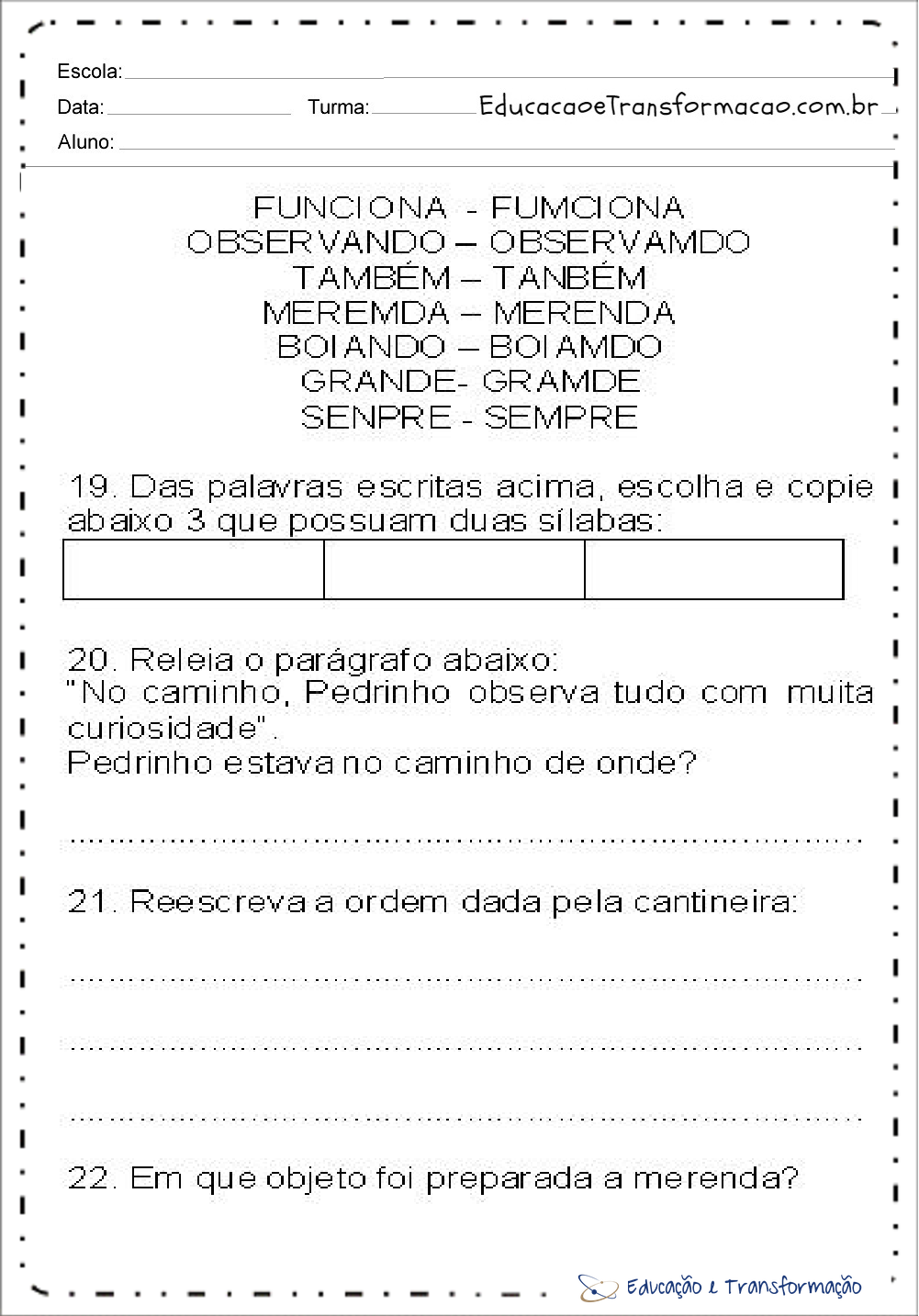 Atividades de Interpretação de texto volta às aulas para imprimir