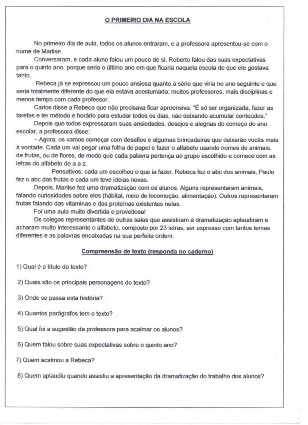 Atividades de Interpretação de texto volta às aulas para series iniciais