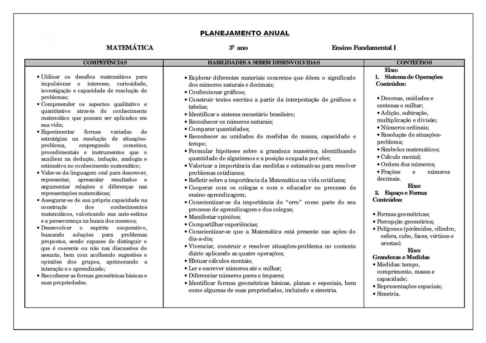 Planejamento anual 3 ano de Matemática para imprimir