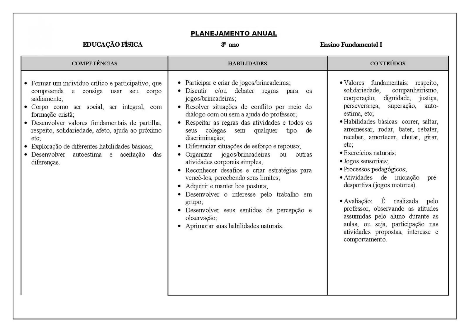 Planejamento anual 3 ano de Educação Física para imprimir