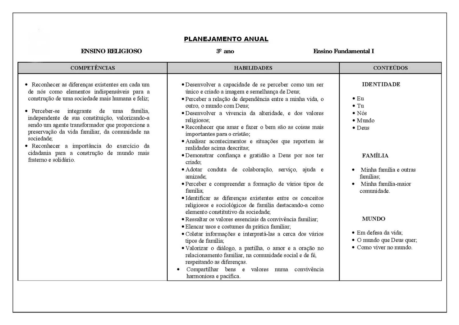 Planejamento anual 3 ano de Ensino Religioso para imprimir