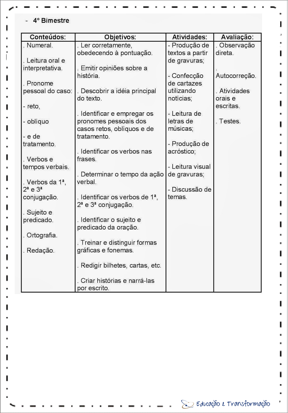 Planejamento anual 4 ano do Ensino Fundamental