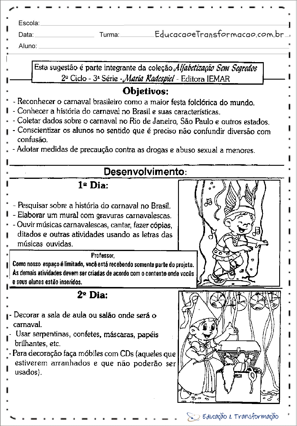 Plano de Aula Carnaval para Educação Infantil e Ensino Fundamental