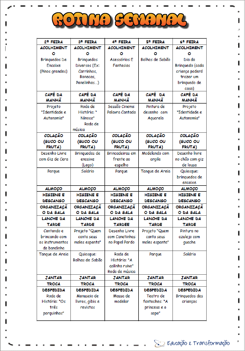 Rotina para primeira semana de aula