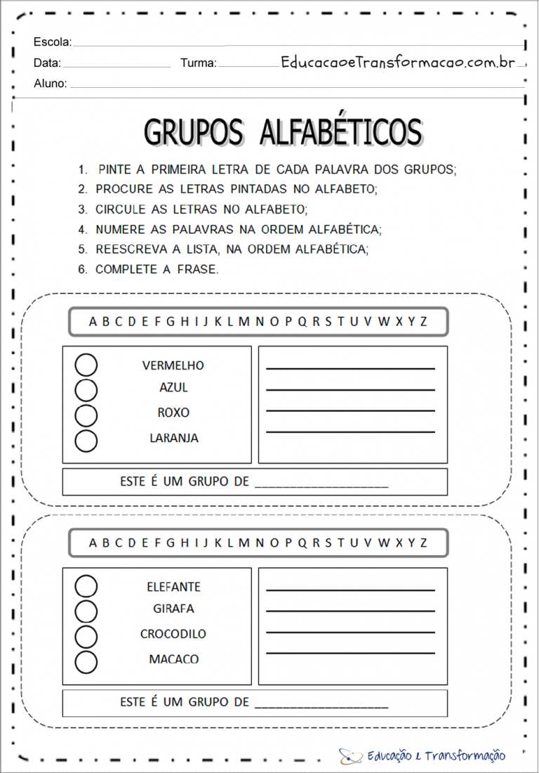 Atividades com Ordem Alfabética de alfabetização para imprimir