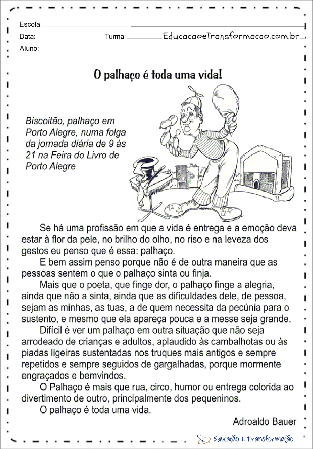 Atividades de Interpretação de texto Dia do Circo