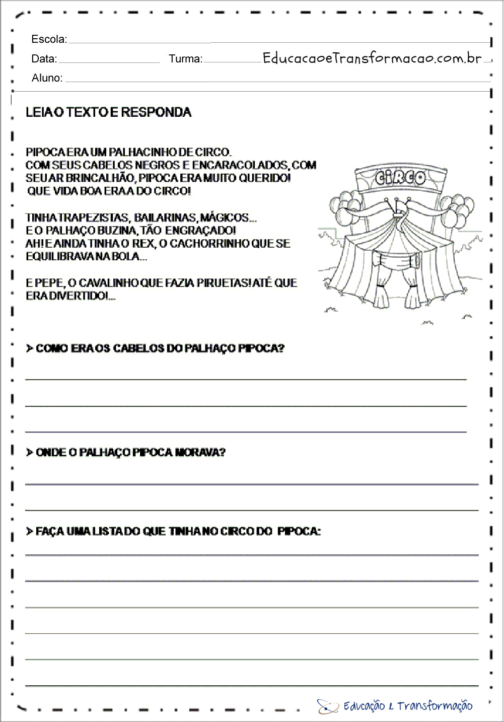 Atividades de Interpretação de texto Dia do Circo - Leia e responda