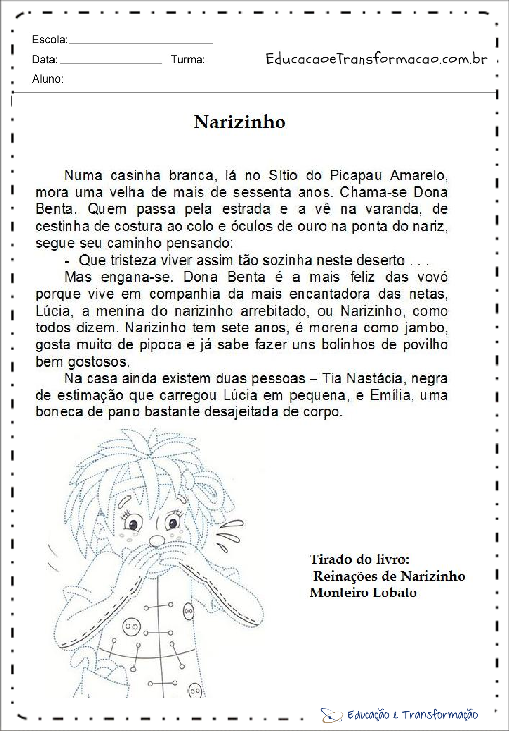 Atividades de Interpretação de Texto Dia do Livro  - Narizinho