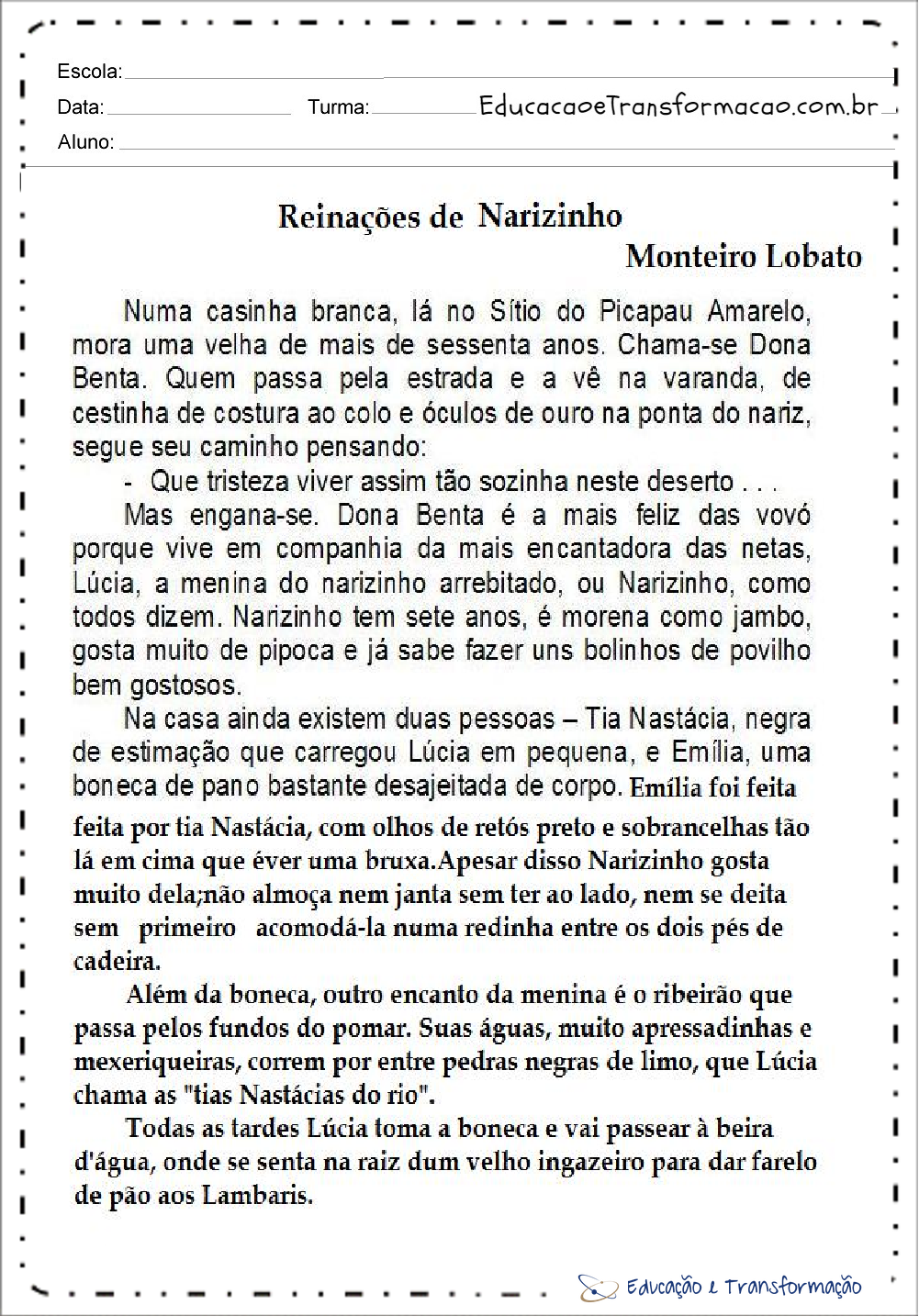 Atividades de Interpretação de Texto Dia do Livro: Reinações de Narizinho