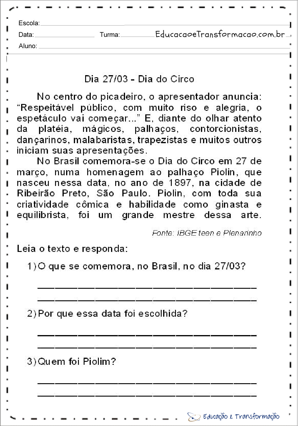 Atividades Dia do Circo para Ensino Fundamental - Leia e responda