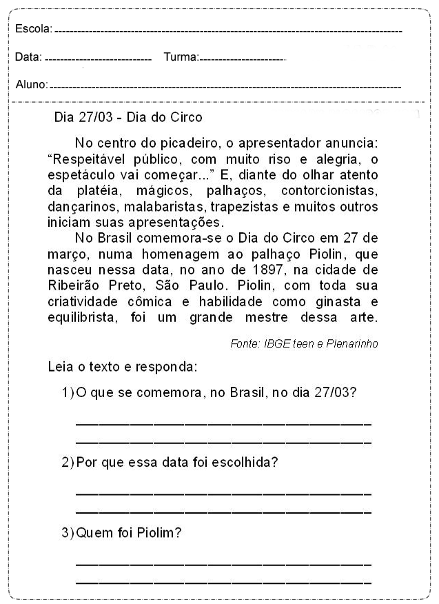 Atividades Dia do Circo para Ensino Fundamental